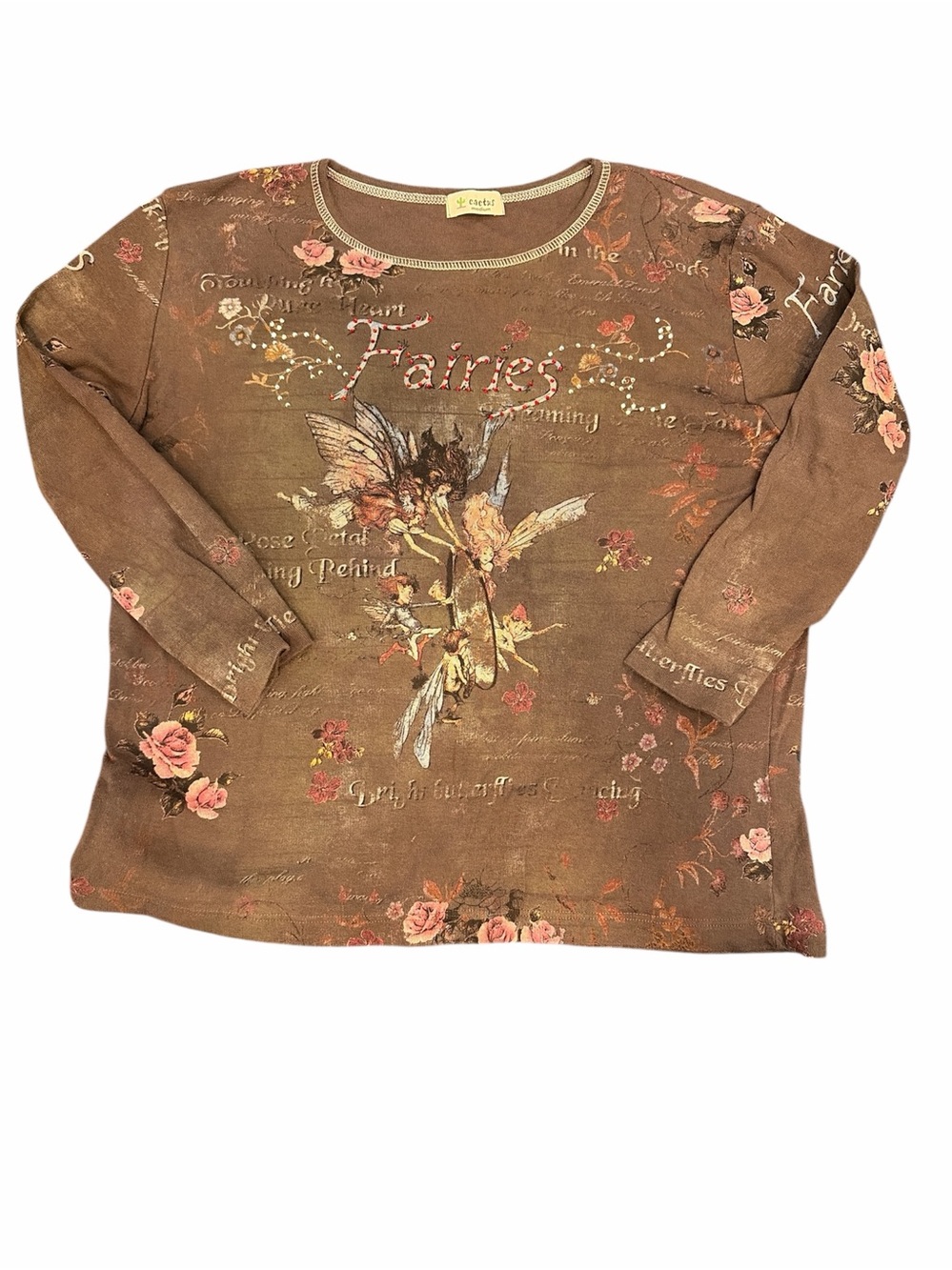 Cactus Brown Floral Fairy Graphic 3/4 Sleeve Top